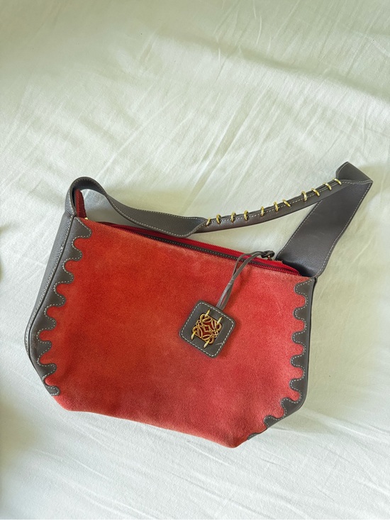 Loewe Handbags - Loewe Vintage Red Suede Shoulder Bag with Brown Trim